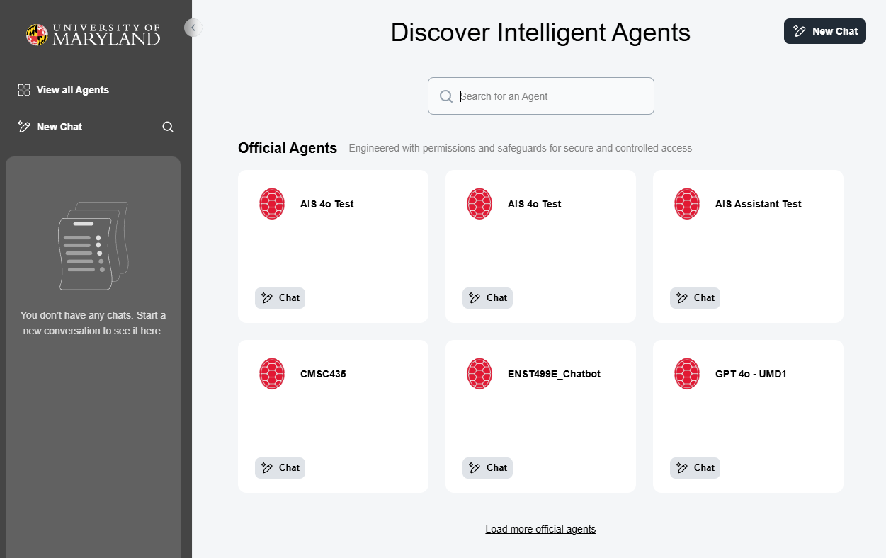 TerpAI agent selection directory. Grid of square icons for each type of TerpAI agent each with a Chat button.